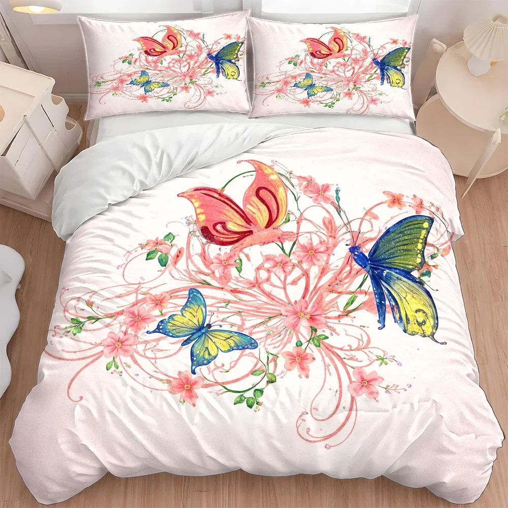 3Pc Butterfly Floral Print Quilt Cover Set, Three-Piece Bedding Set (1*Quilt Cover + 2*Pillowcases), Suitable for All Seasons, Machine Washable, Invisible Zipper Design, Large Double Bed Cover Set, Suitable for Home, Dormitory, Master Bedroom, Guest Room, Fresh Watercolor Style Bedding Set, Soft and Skin-Friendly Bedding Set, Beautiful Butterfly Floral Bedding Set, 2D Flat Print