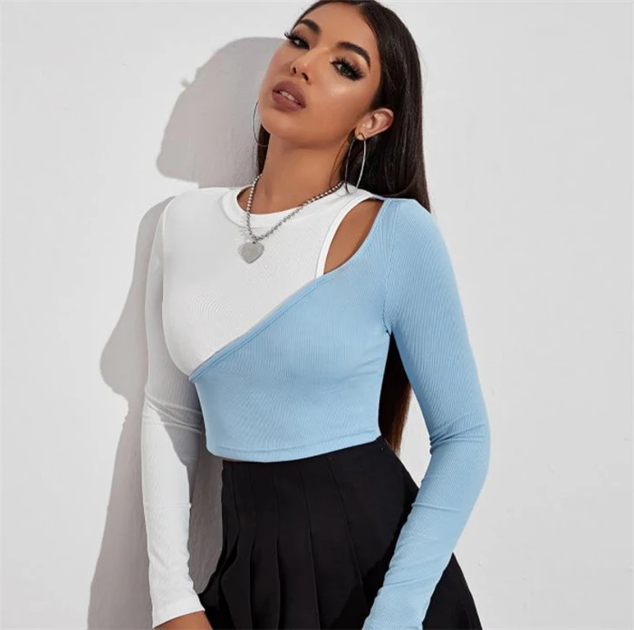 Camiseta corta ort para mujer, camiseta de algodón Street Sle round Ne Hollow out Splice Long Sve Slim Fit, camiseta Faion de otoño irt