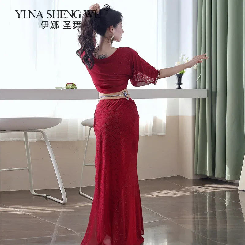 

Летняя и осенняя тренировочная одежда для танца живота, сексуальный газовый костюм с горячим бурением, длинная юбка для восточных танцев, одежда для выступлений