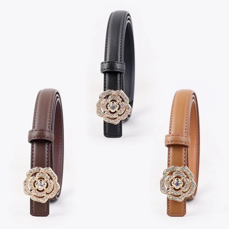 Vintage Elegant Women's Black Genuine Leather Belt with Rhinestone Camellia Flower Buckle Skinny Waistband for Jeans Dress Pants