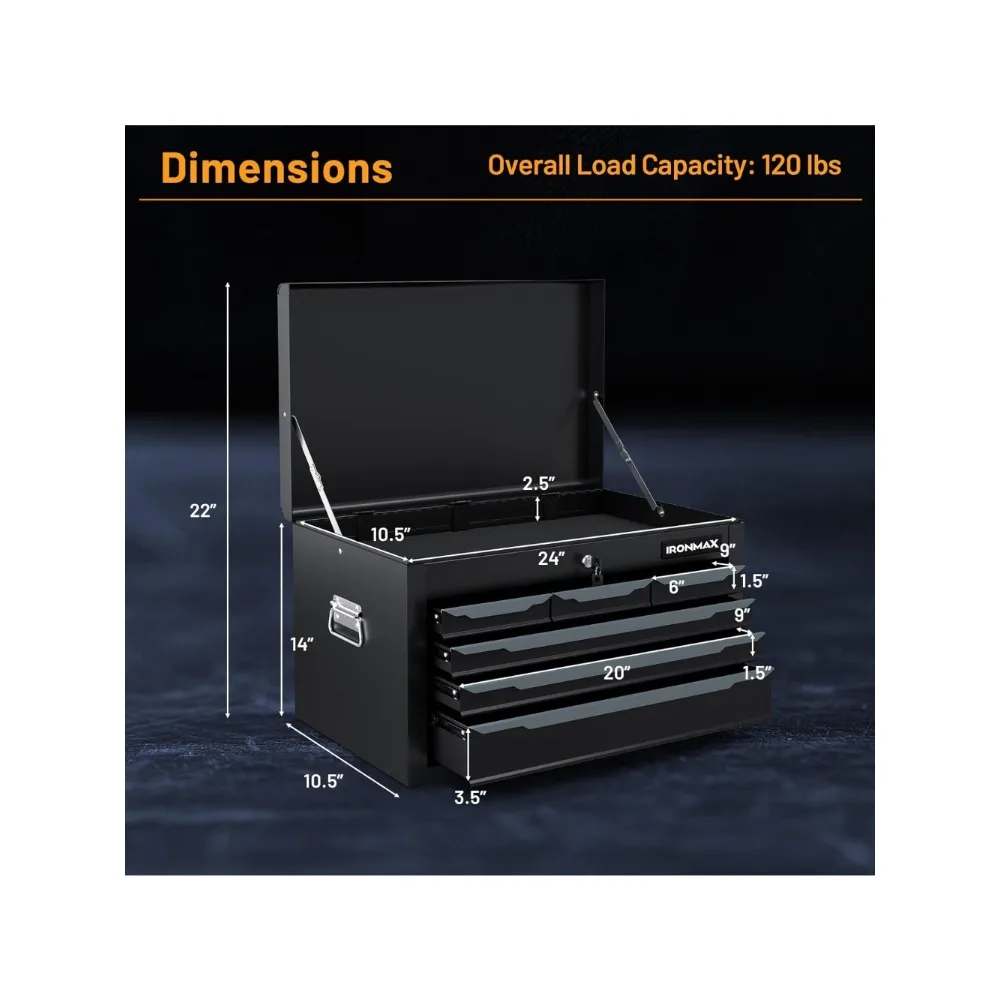 Ящик для инструментов, стальной ящик для инструментов с 6 ящиками 24 дюйма и верхним лотком для инструментов, автоматическим замком, защитными вкладышами, ручкой, гладкими сторонами шарикоподшипника