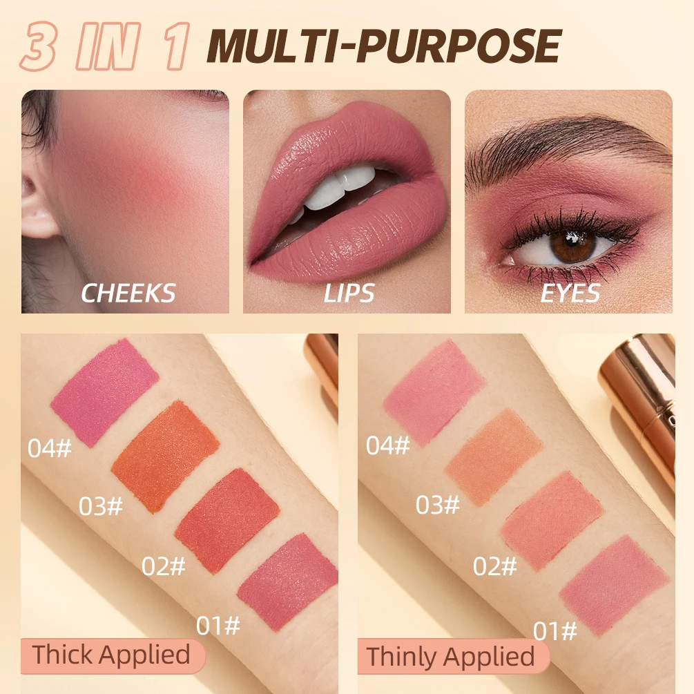 QIBEST Lipstick Blush Stick 3-in-1 Eyes Cheek and Lip Tint Buildable Waterproof Lightweight Cream Multi Stick Makeup For Women