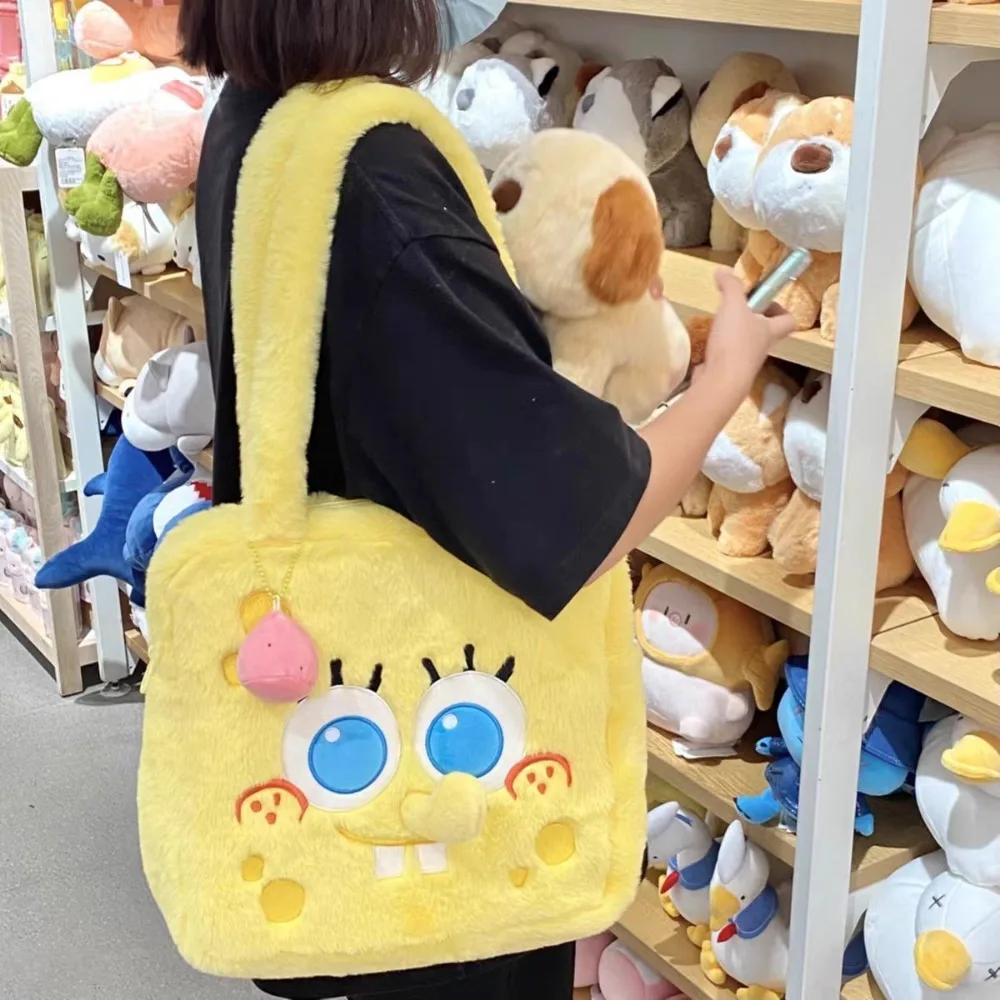 Pluche SpongeBob Schoudertas Grote Capaciteit Handheld Boodschappentas Leuke Anime Cartoon Studententas Meisje Verjaardagscadeaus Speelgoed