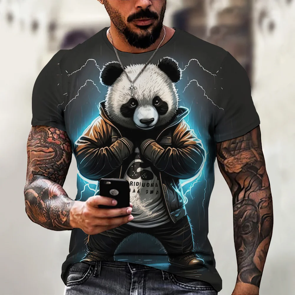 Men\'s T-Shirt Cartoon Panda Pattern 3D Printed Tee Casual Loose Fitting Short Sleeve T-shirts Oversized Men Clothing Tops Summer