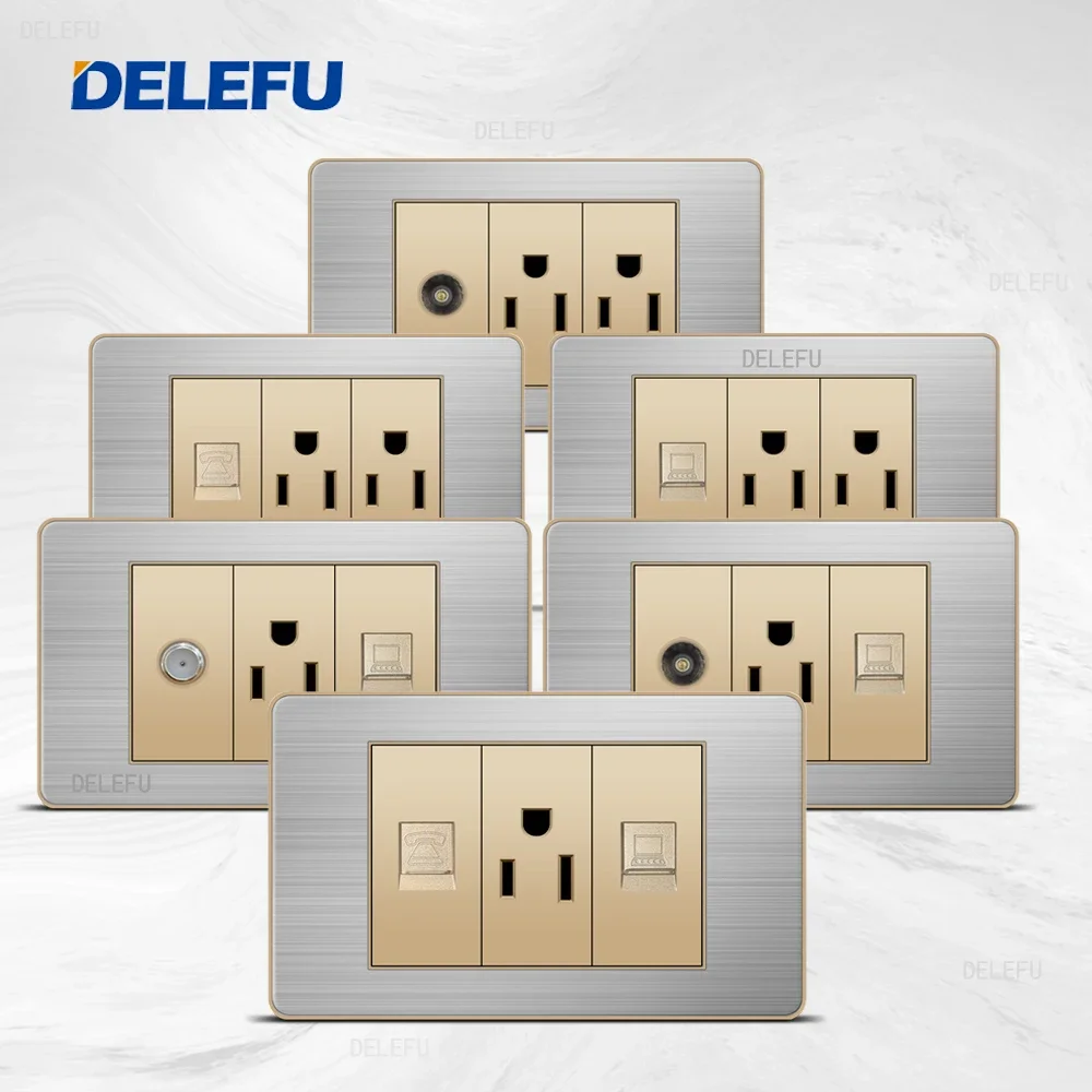 DELEFU Gold function key Stainless steel Gold panel American Standard series 118*74mm wall computer combination socket switch