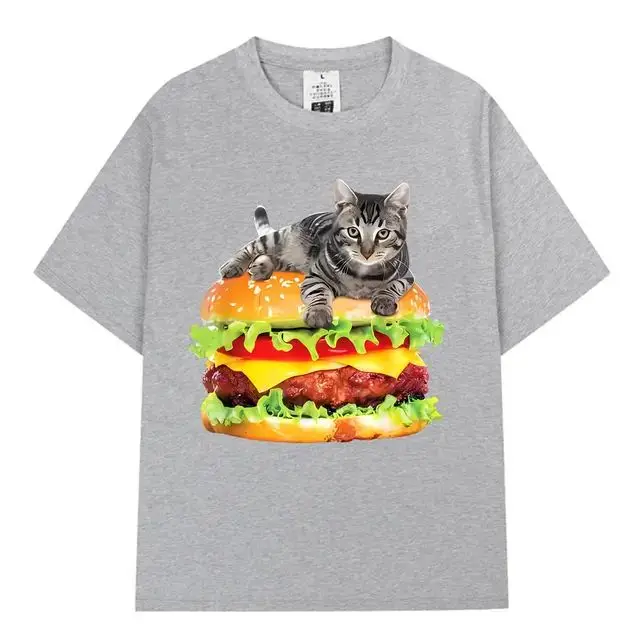 T-shirt con maniche corte Y2k Burgers Pizza Lovely Cat Printing Design Comodo cotone per uomini e donne con soldi