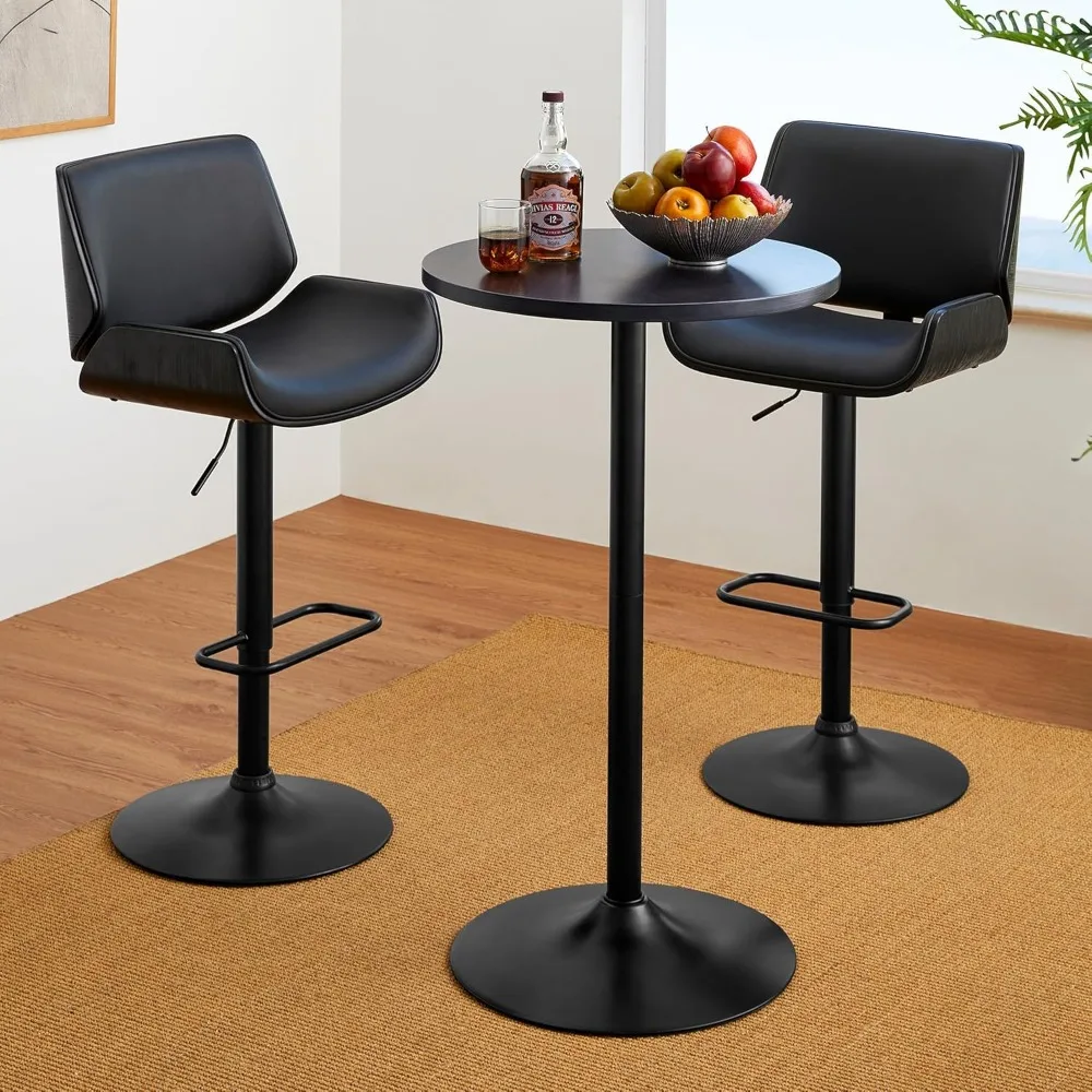 

3-Piece Pub Table Chair Set,Round Bar Height Cocktail Table Metal Base with Charcoal Gray Top&Black Leather Adjustable Height S
