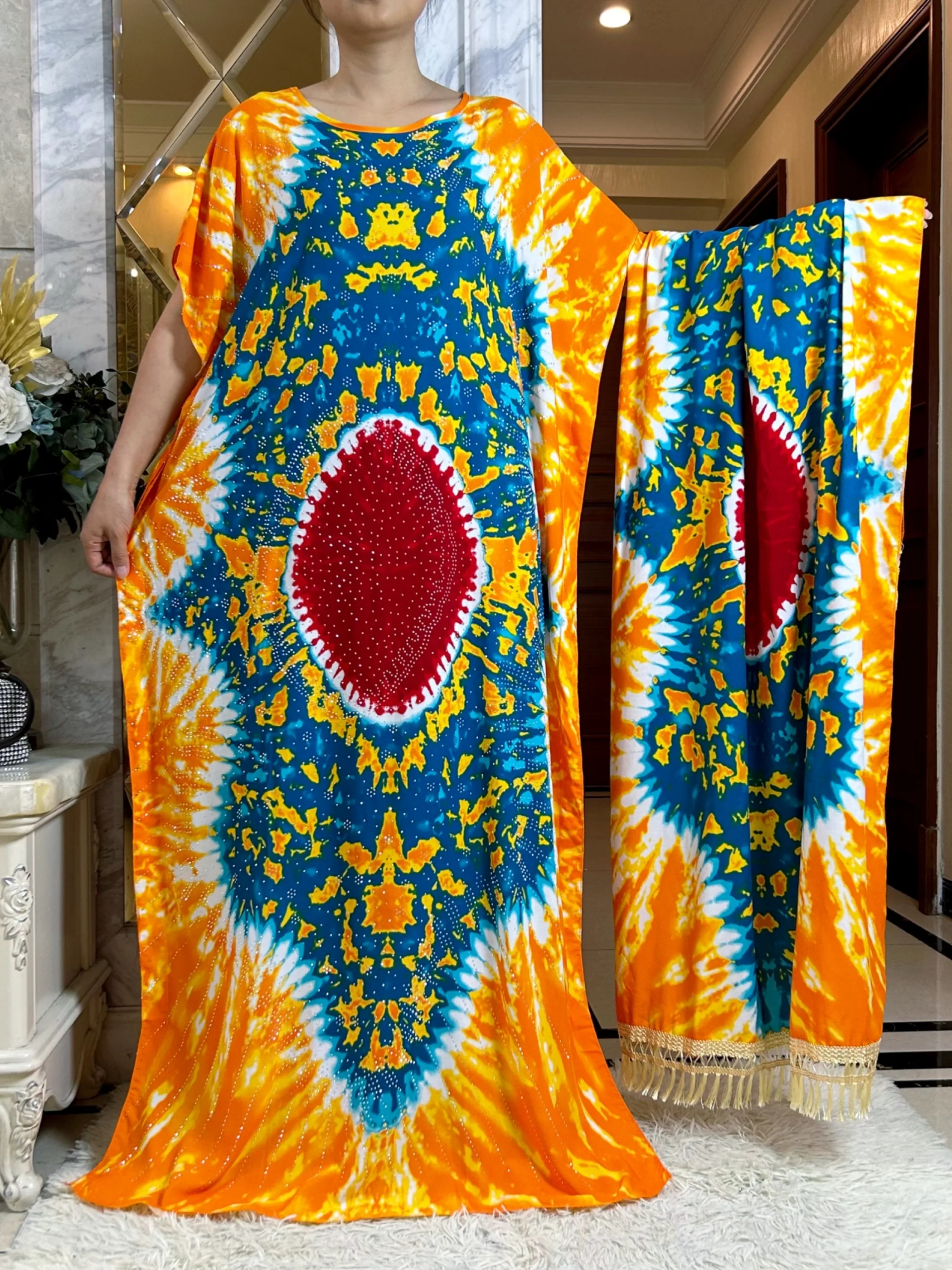 

New Muslim Cotton Fabric Dresse With Big Scarf For Women Dubai Summer Short Sleeve Femme Elegant Robe African Traditional Abayas