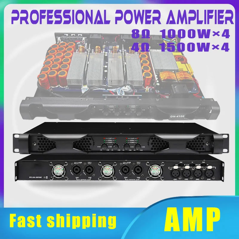 Paulkitson DN4100 4-Channel Professional Digital Power Amplifier Class D Series Amp 4Ω 4*1500w Rack Standard 1U Amplifier PFC