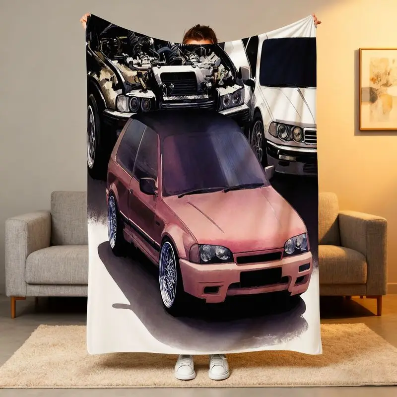 

1pc Pink Hatchback Car Fleece Blanket - Black Engine/White Grille, Car Lover All-Season Cozy Throw