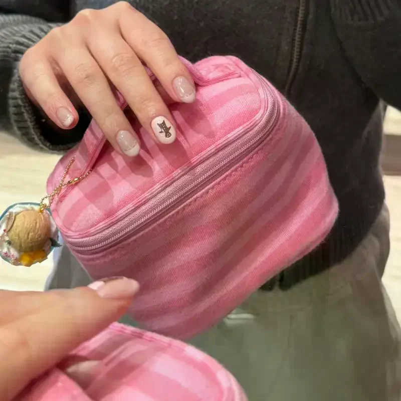 Flip-top With Mirror Makeup Bag Women Pink Striped Portable Zipper Cosmetic Travel Organizer Cute Sweet Handbag Toiletry Pouch
