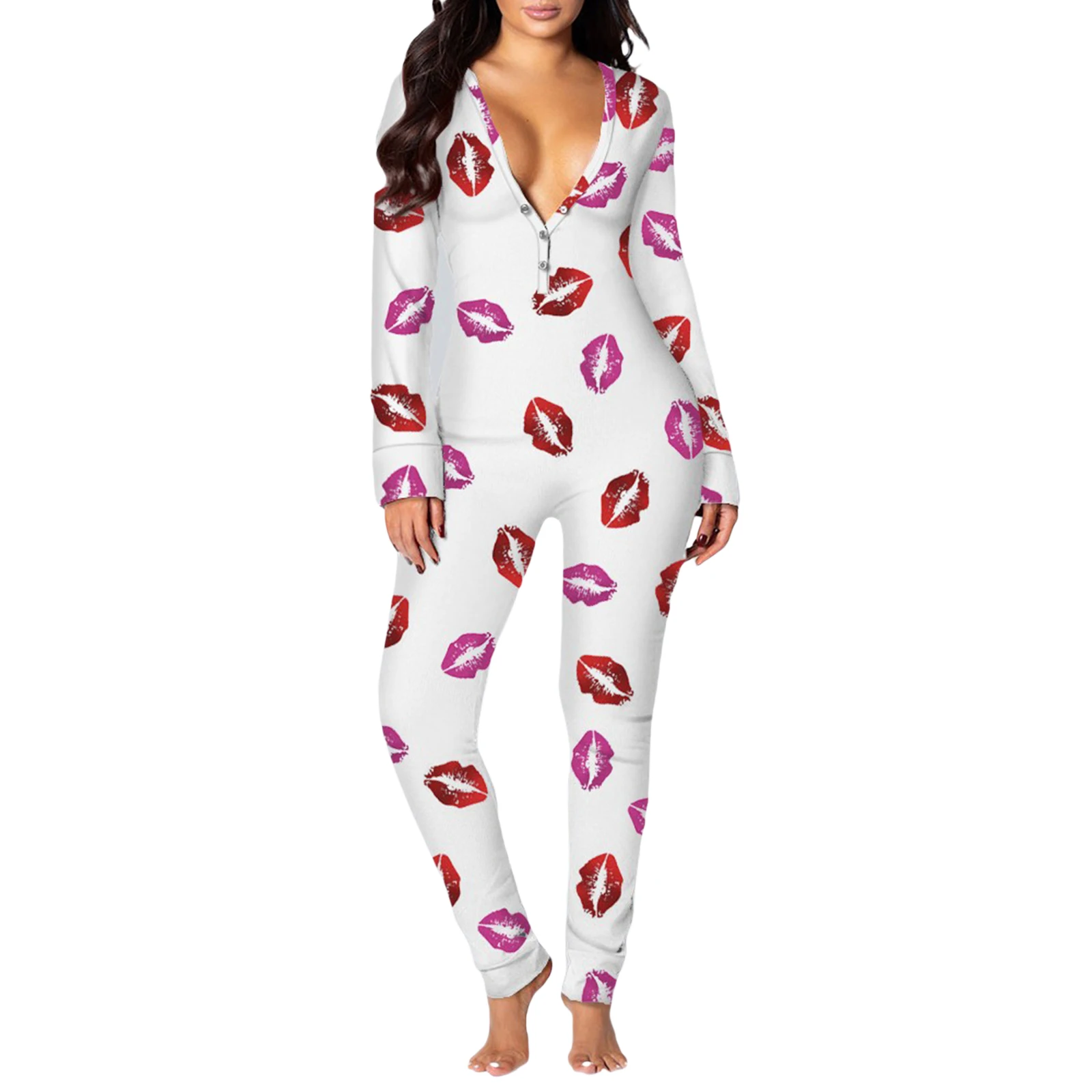 2025 New Women's Sexy Removable Crotch Jumpsuit Pajamas Solid Color/Lip Print/Plaid Print Long Sleeve Sexy V-Neck Casual Romper