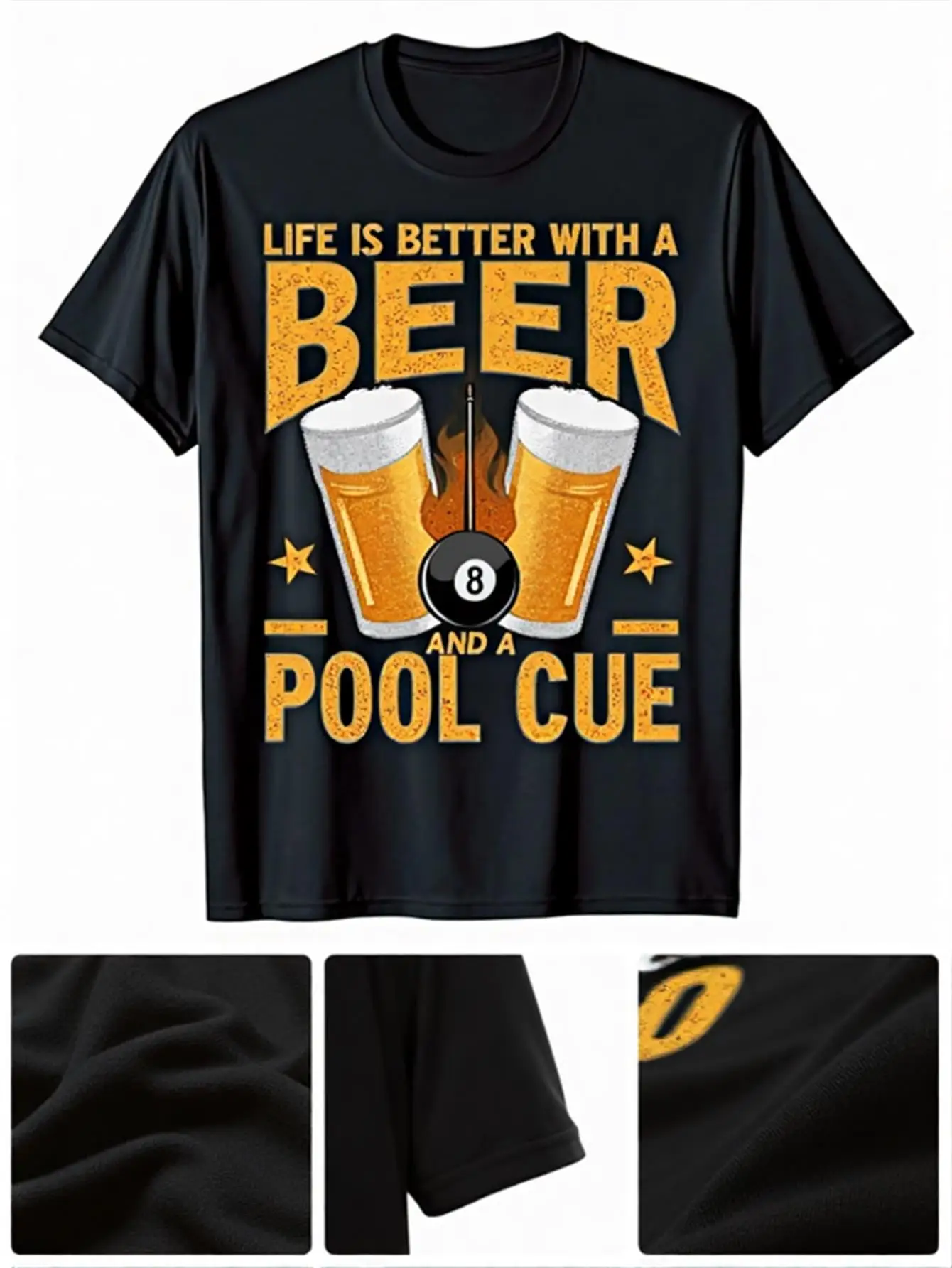 

T-Shirt with Number 8 Design Featuring a Beer Mug and a Pool Cue, 100% Cotton Casual Round-Neck Short-Sleeve Top Suitable for Pool Parties, Bars, and Everyday Wear, a Fun Gift for Pool Players
