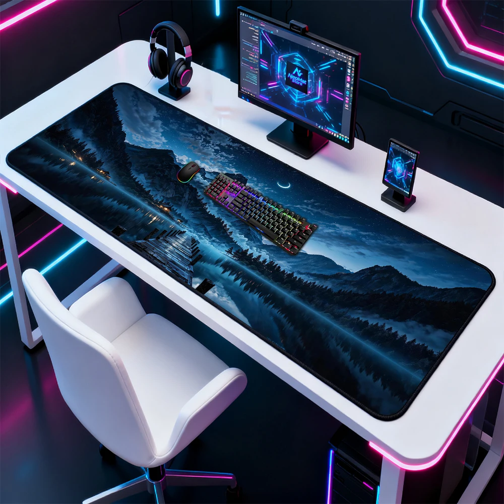 Starry Mountain Desk Mat Large Giant Playmat 1600x600 Scenic Lake Night Sky Gaming Nonslip 1400x600 Desk Pad 5mm Laptop