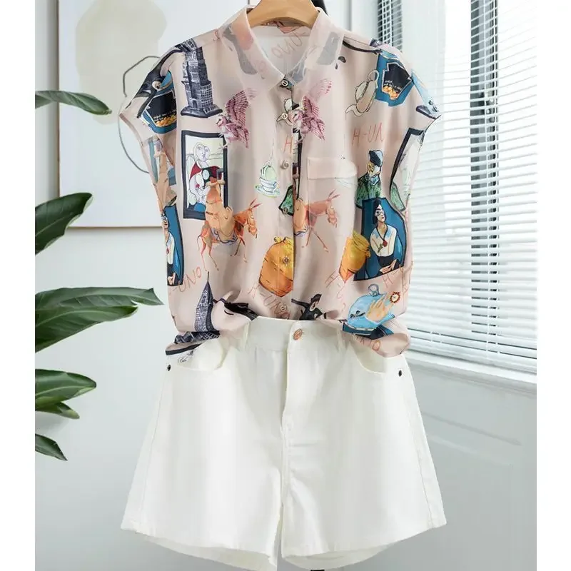 

Vintage Fashion Summer New Women's Polo-Neck Printing Single Breasted Temperament Versatile Loose Short Sleeve Thin Style Tops