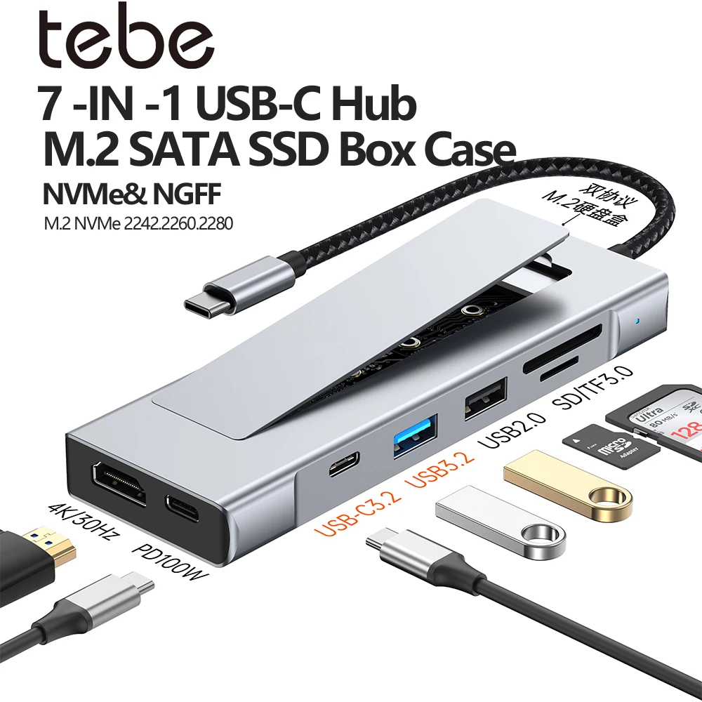 

Tebe 7 IN 1 USB-C Hub with M.2 NVMe PCI-E SATA Enclosure Type-c to 4K HDMI-adapter 10Gbps USB 3.2 100W PD USB C Docking Station