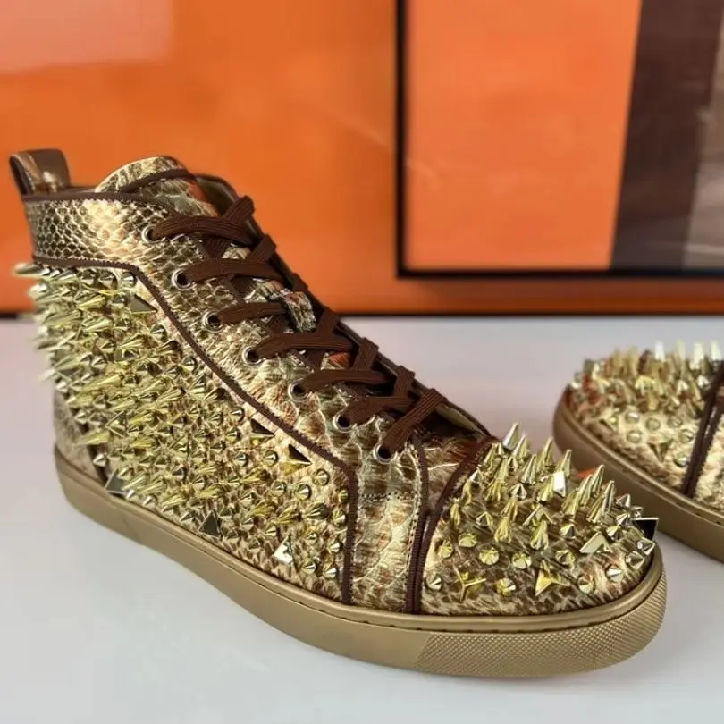 Luxury Gold Snake Leather Shoes Spiked Studded Footwear Lace Up Sneakers Red Bottom Shoes For Men Flat Wedding Casual Shoes