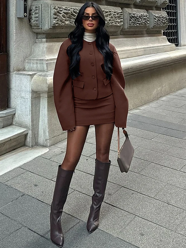 Fantoye Round Neck Button Two Piece Sets Women Skirt Suit Long Sleeve Jacket Mini Skirt Autumn Winter New Elegant Skirt Set 2024