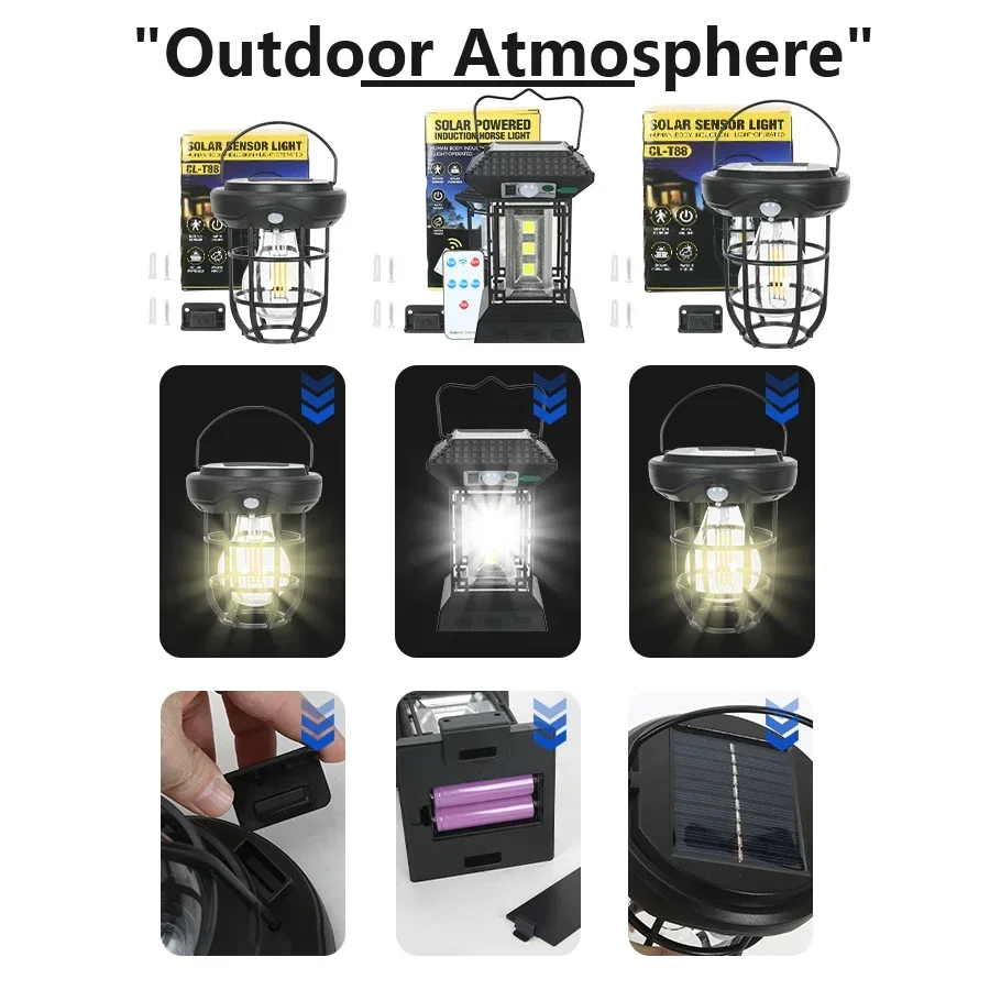 LED Camping Lamp Retro Hanging Lamp Portable Stepless Dimming Camping Light Waterproof Rechargeable Outdoor Light Lantern
