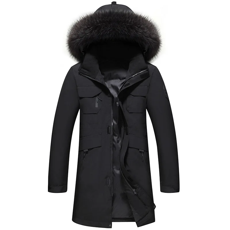 

2025 Man Parkas Down Coat Winter Mid Length Long Sleeve Male Jacket Thicken Warm Stand Collar Pocket Hooded Men Outerwear