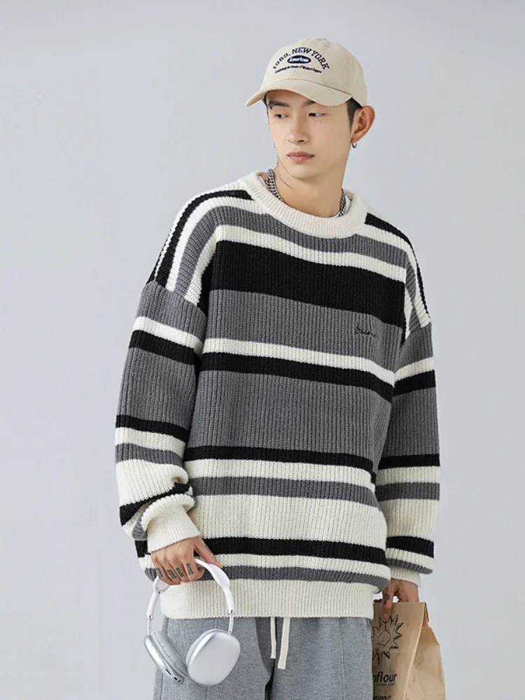 Japanese Style Striped Sweater Men's Fall and Winter Models Retro Versatile Pullover Thick Needle Loose Fashion Trend Knitwear