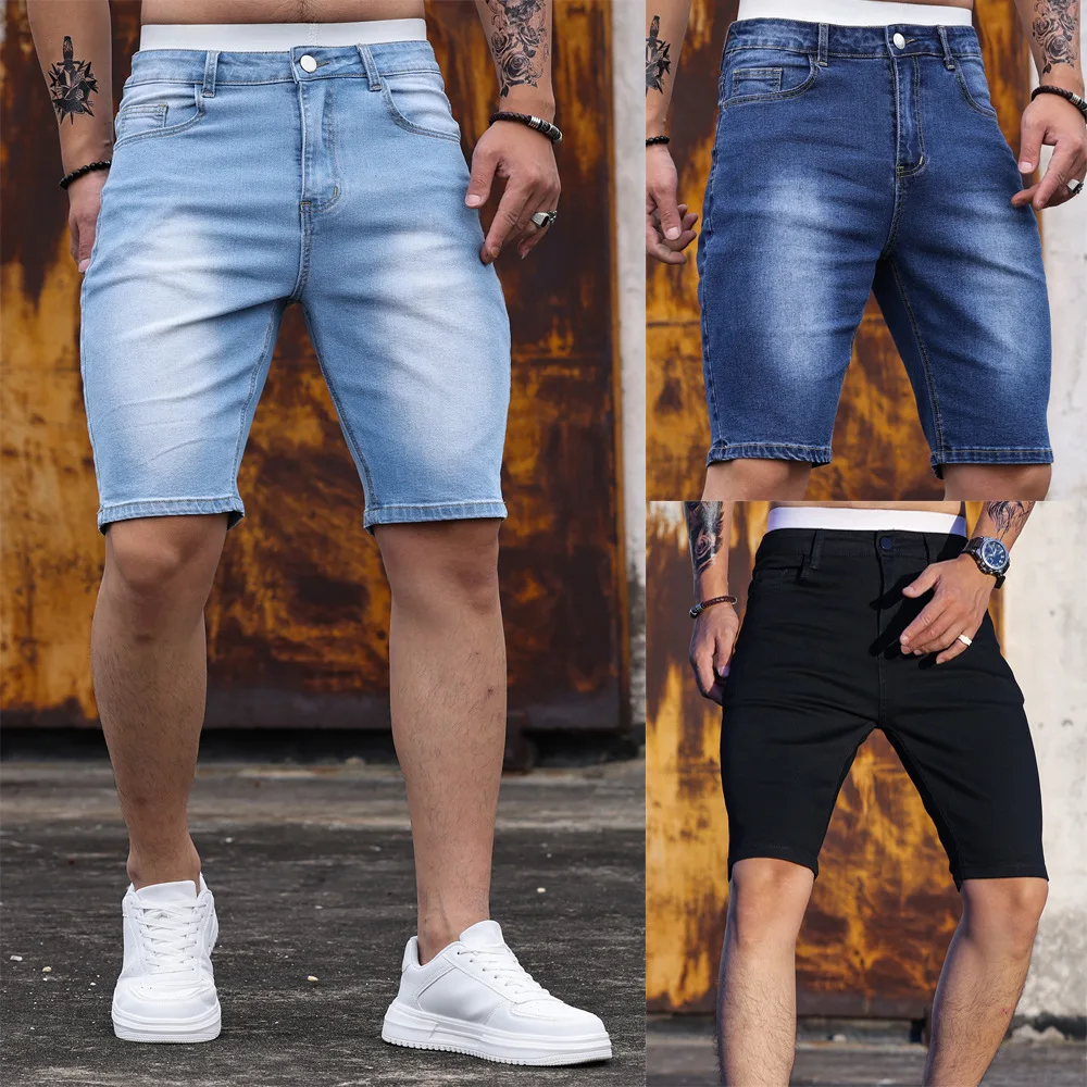 Shorts jeans de algodão casual masculino, roupa ajuste magro, cintura elástica, estilo moda verão, venda quente