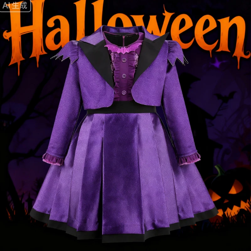 

Girl Halloween Costume Purple Vampire Uniform Girls Long Sleeve Coat+Dress 2pcs Sets For Children Vampire Cosplay Costume