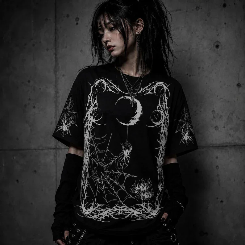 Sommerliches Gothic-Kreuz-Skelett-T-Shirt in Schwarz-Weiß, Alternative Unisex-Emo-Oberteil mit kurzen Ärmeln, Paar-T-Shirt, lässige Oberteile für Damen und Herren – Detail 8