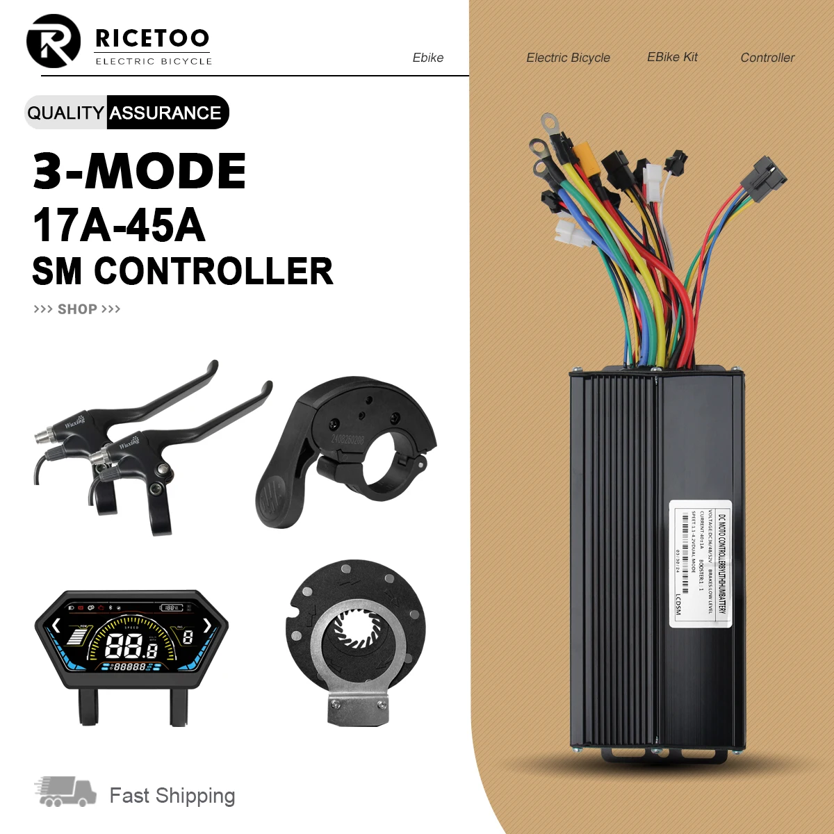 Electric Bicycle Controller 17A-45A E-bike Sine Wave Controller SM Plug 36-52VThree Mode Brushless Controller with Learning Wire
