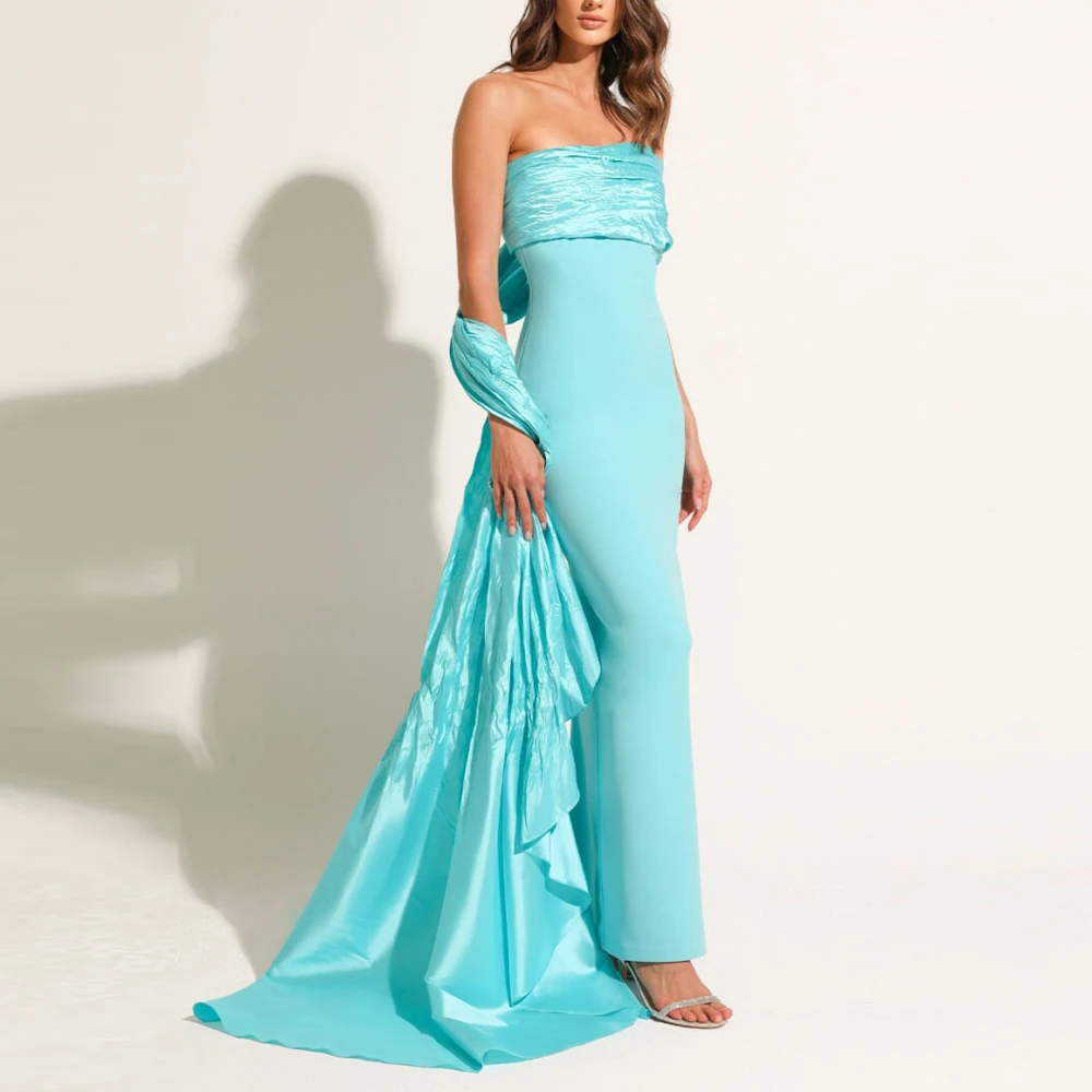 

Muloong Tiffany One Shoulder Women Evening Dresses Ankle Length Straight Prom Gown Pleated Shawl Train 2023 فستان سهرة نسائي