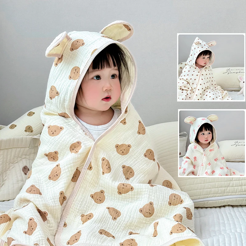 Baby Bath Towel 4 Layers Gauze Cotton Cloak Towel with Hat Infant Four Seasons Hooded Cartoon Bathrobe Toddler Soft Bath Towel