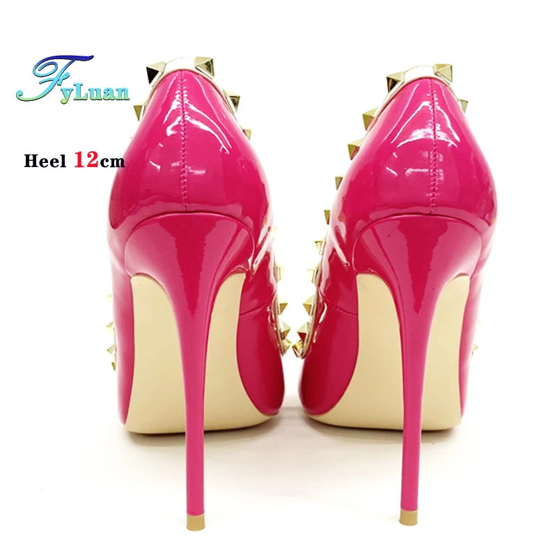 

Модные женские туфли на шпильке с заклепками в стиле панк 8 см, 10 см, 12 см, розово-красные женские туфли-лодочки на высоком каблуке с острым носком, размер 34-45