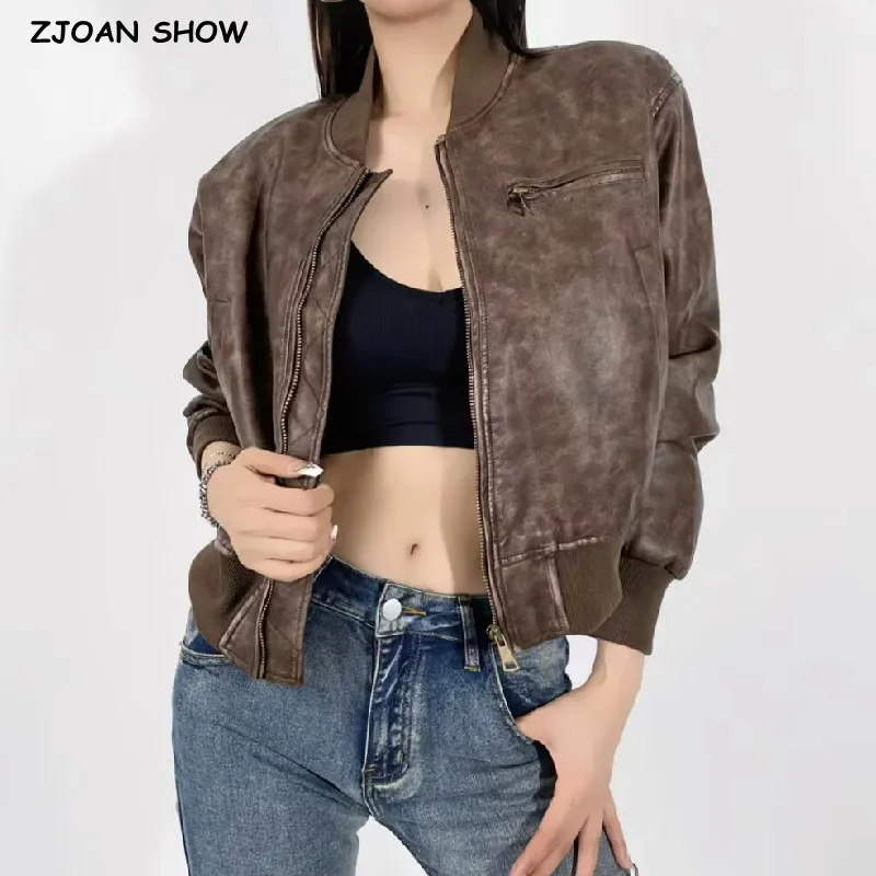 2023 American Retro Women Washing Brown PU Leather Jacket Rib V neck Full Sleeve Bomber Pilot Coat Biker Short Outwear Black