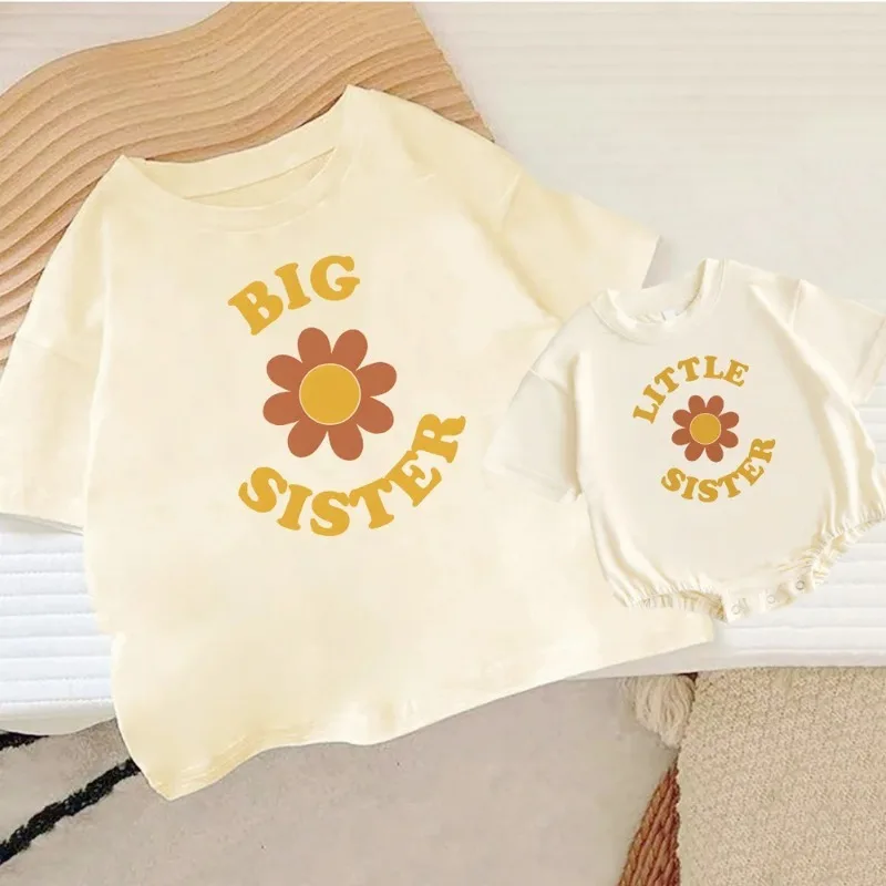 Casual Sister Outfits Big/Little Sister&flower Print Retro Family Matching Outfit Kids Tshirt+Baby Romper Summer Child Gifts