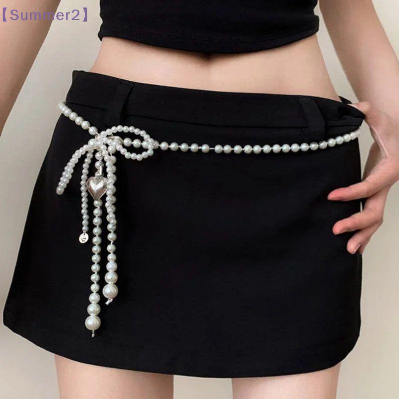 【Xia2】Y2K Shiny Rhinestone Pentagram Waist Chain For Women Bling Crystal Pearl Chain Tassel Belt Body Chain Jewelry{S}