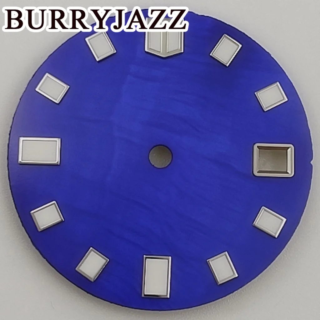 BURRYJAZZ 28.5mm No Logo NH35 Watch Dials Blue Dial Green Luminous Fit 3 O'clock 3.8 O'clock Case Crown