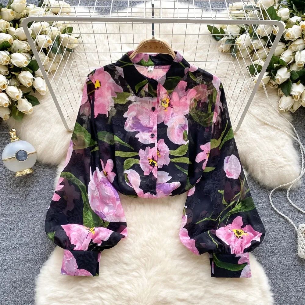 Vintage Elegant Lantern Sleeve Blouse Fashion Polo-neck Shirt Casual Chic Top Fairy Summer Women