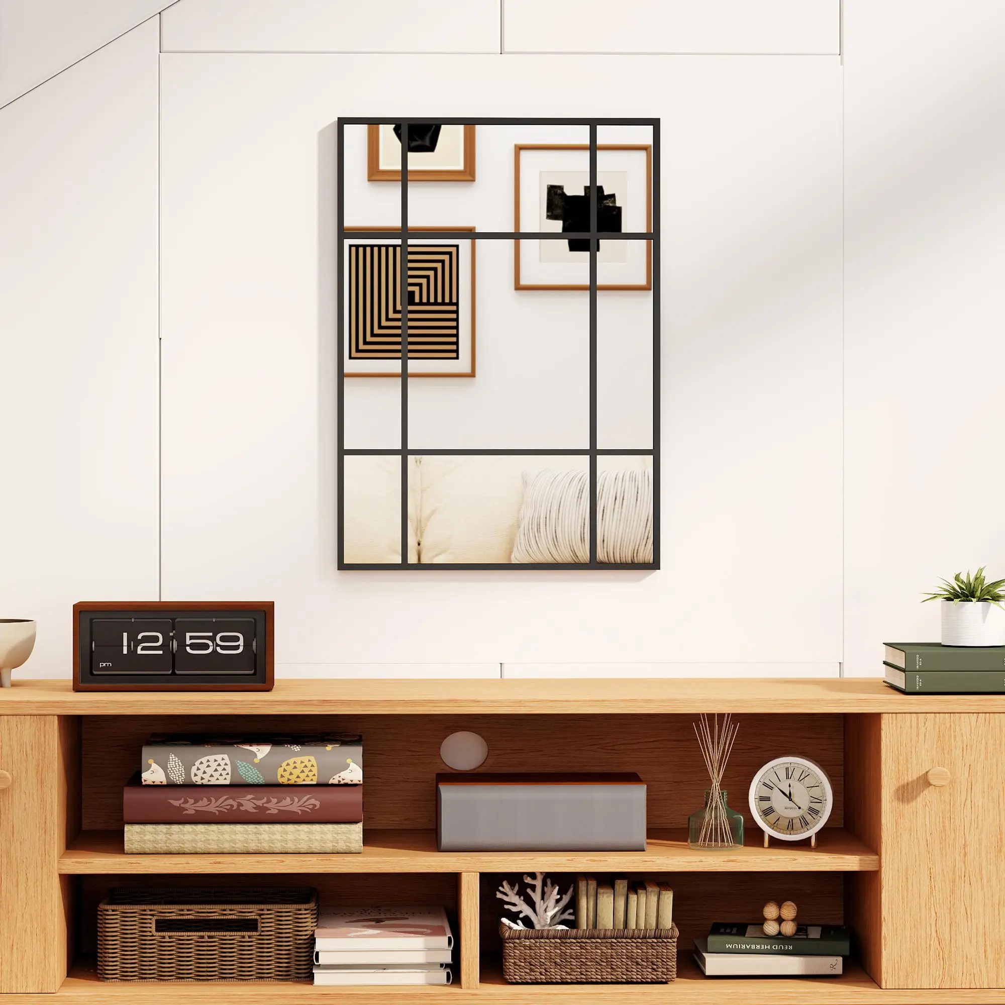 Miroir décoratif 70x50 cm, design fenêtre, métal noir, 9 disques, réflecteur mural pour salon, chambre à coucher, avec crochets