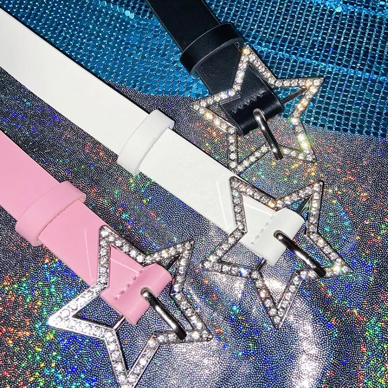 Pink Y2K Star Buckle Belt Leather Elastic Binding Embellished Waistband Sparkling Rhinestone Retro Bride Decoration Accessories