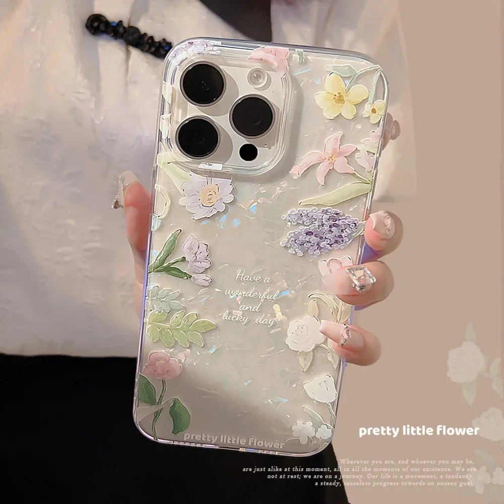 Ins Illusion Color Shell Pattern Pretty Colorful Flowers Card Card Pocket Cover Case For iPhone 15 14 13 12 11 Pro Max 8 7 Plus