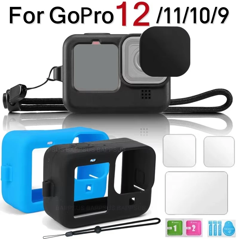 Silikonowe etui ochronne do GoPro Hero 12 11 10 9 Black HD Tempered Glass Screen Protector Film Lens Cap Cover Go Pro Accessory