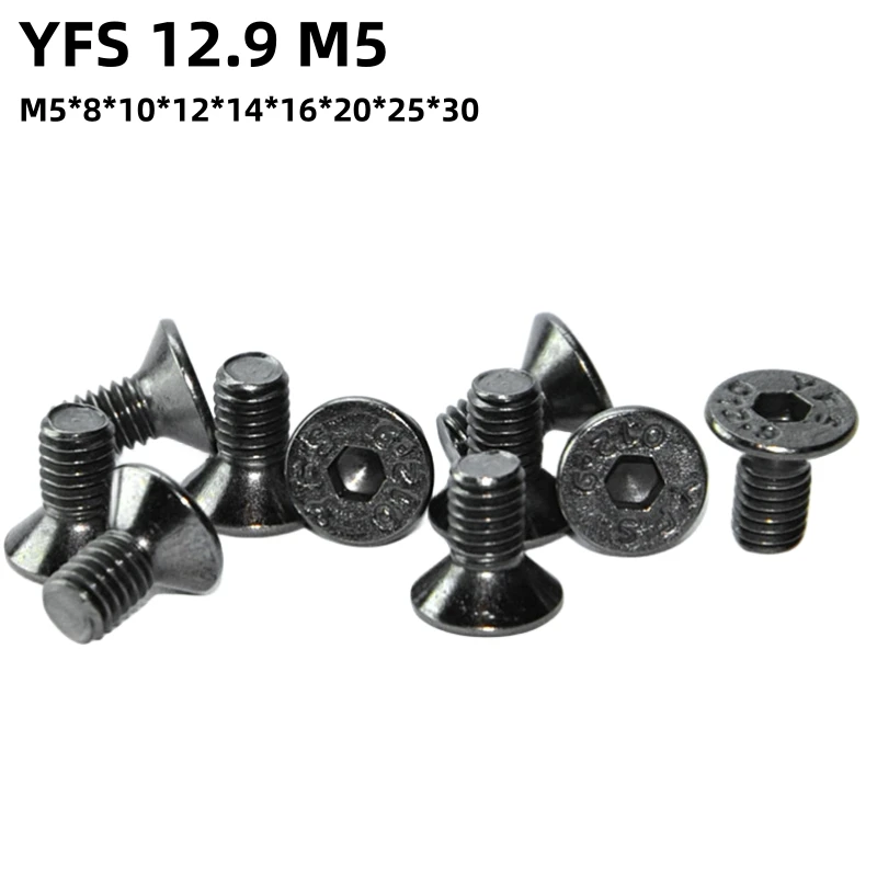 

100PCS YFS M5 Countersunk Head Socket Head Screw M5*8*10*12*14*16*20*25*30mm Grade12.9 Black Nickel Plating Anti-Rust Screws