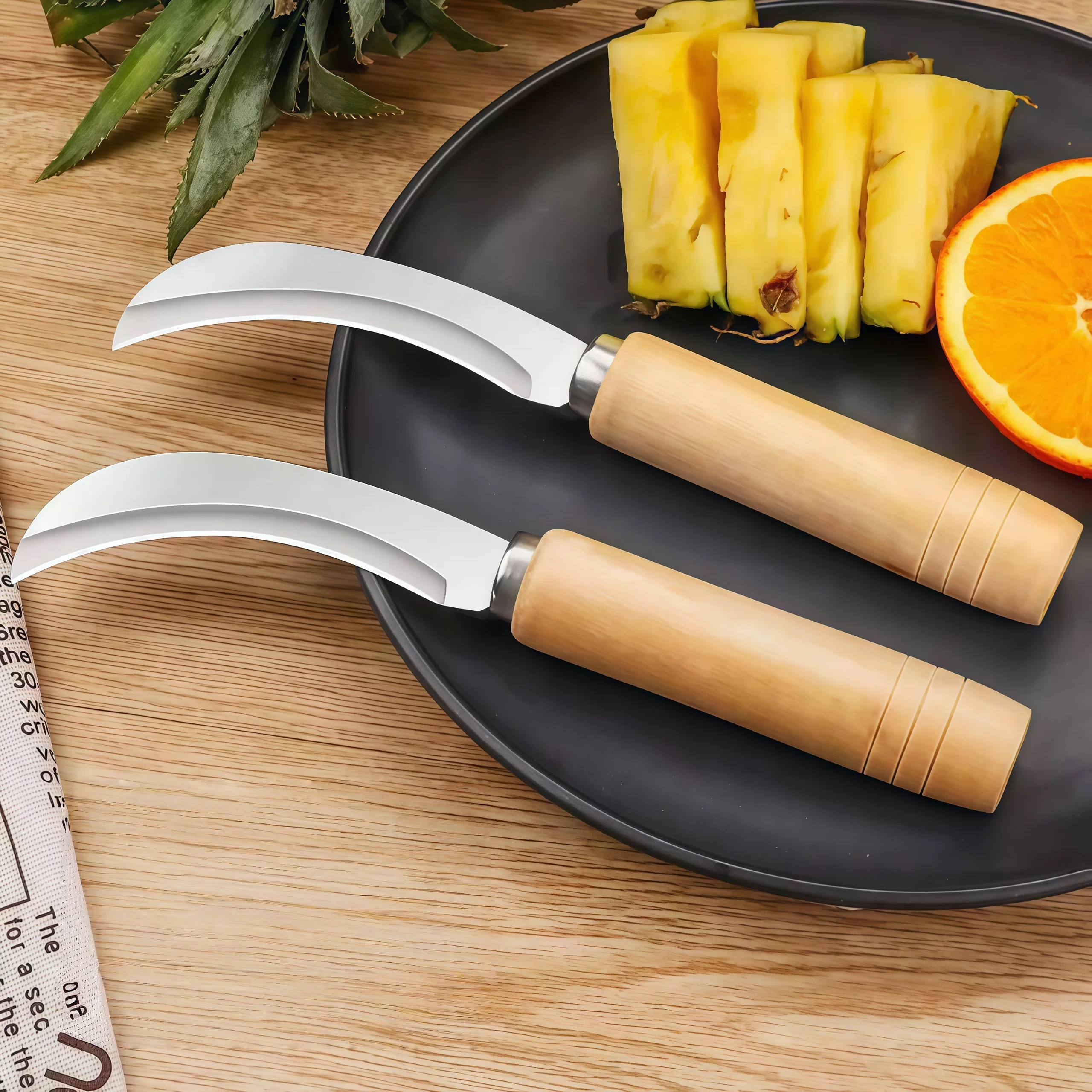 2pcs wooden handle stainless steel small curved knives, fruit stall knives, fruit shop specific knives, portable peeling knives, fruit and vegetable cutting tools, multifunctional fruit curved knives, durian knives, mango peeling knives
