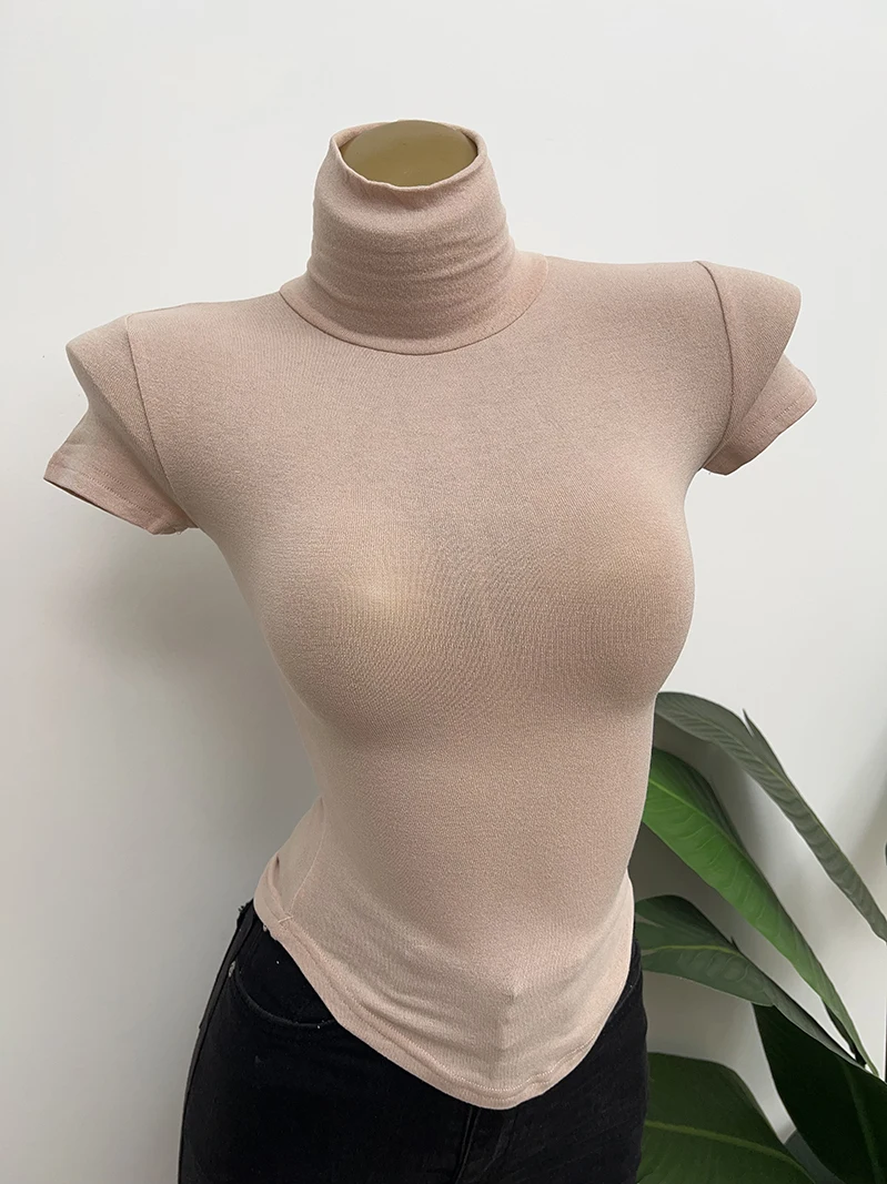 Sexy Slim Fit High Collar ort Sve T-irt Women's Soft Comfortable Thin Elastic Chest Enhancing Versatile High Ne or...