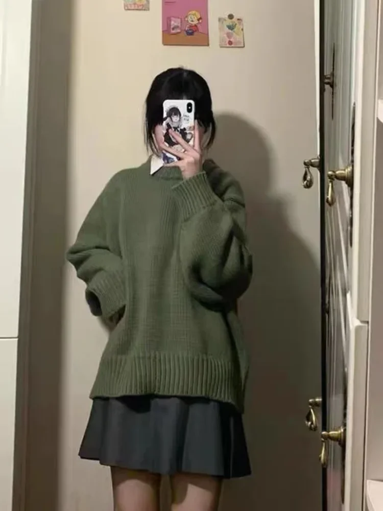 Japanse retro damestrui met ronde hals voor herfst en winter dames losse en dikke gebreide damestops met lange mouwen