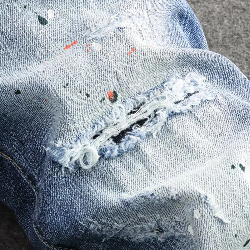 Fashionable new jeans, washed with nostalgia, stretchy, slim fit, light blue men's jeans, high street hip-hop pants, y2k