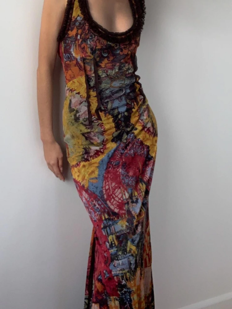 فستان لصق هندسي في القرون الوسطى ، مثير منخفض الرقبة ، فساتين تناسب ضئيلة ، الجوف خارج ، عارية الذراعين ، التعادل صبغ الطباعة ، ريترو أكمام تانك ، Bodycon