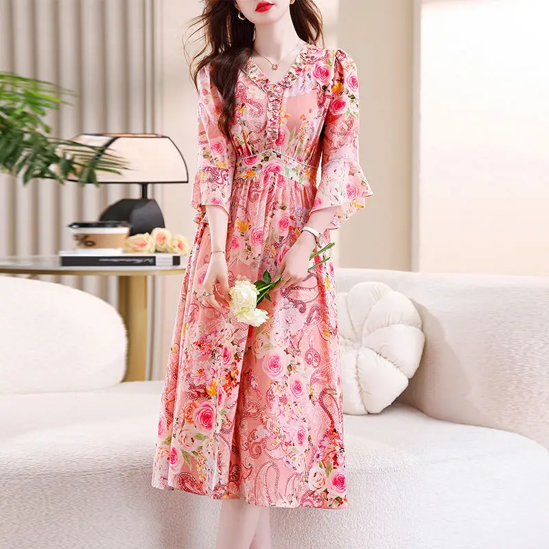 

Summer New Fashion Printing Midi Dress Women V-neck Flare Sleeve High Street Dresses Vintage Elegant Edible Tree Fungus Vestidos