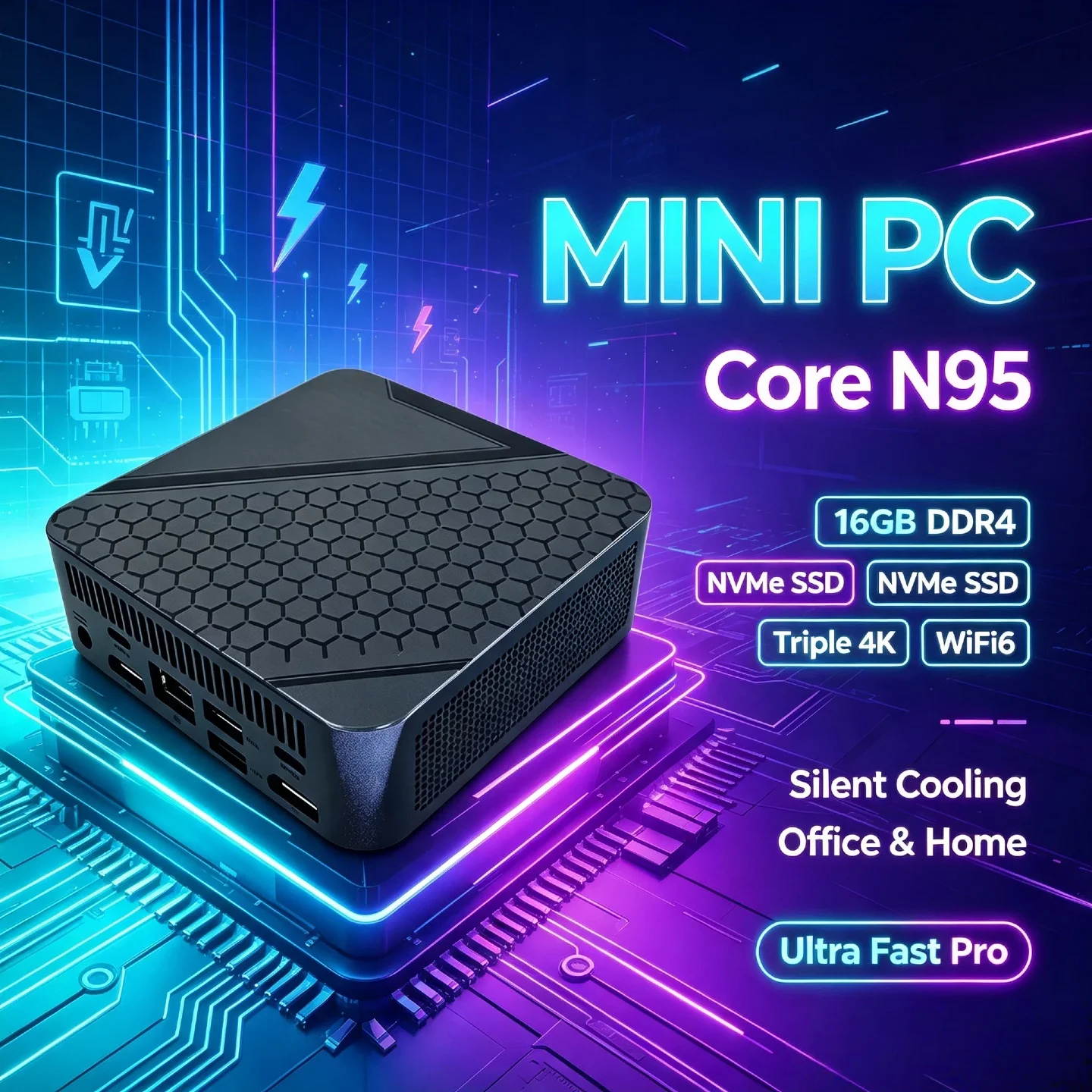 N95 Intel Mini Desktop PC 16GB DDR4 NVMe SSD Triple 4K WiFi6 Silent Cooling Office Home Computer Ultra Fast Pro