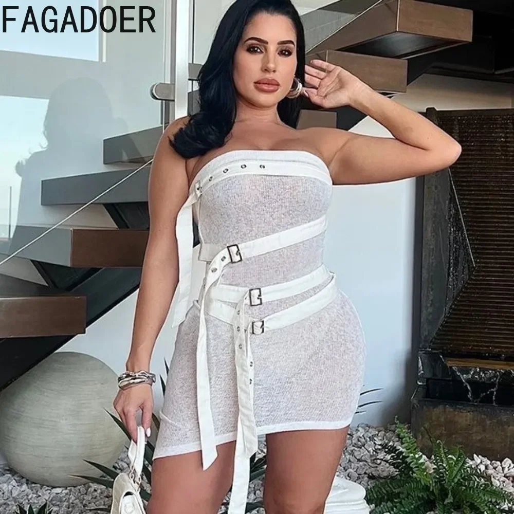 

FAGADOER White Sexy Perspective Knitting Splicing Bandage Mini Dresses Women Sleeveless Backless Slim Vestidos Fashion Clubwear